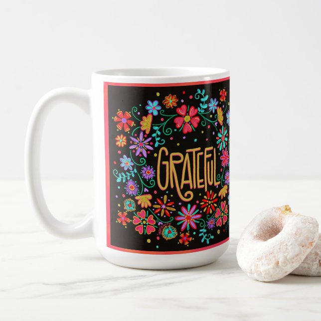 Pretty Black Floral Inspired Grateful Coffee Mug (With Donut)