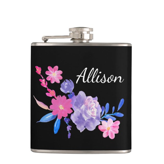 Pretty Black Floral Monogrammed Flask (Front)