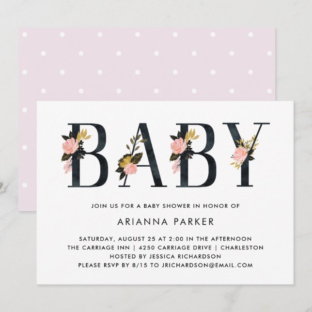 Pretty Black Floral Text | Baby Shower Invitation (Front/Back)