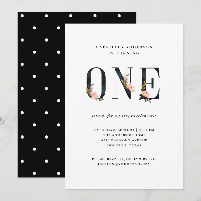 Pretty Black Floral Text | First Birthday Party Invitation (Front/Back)