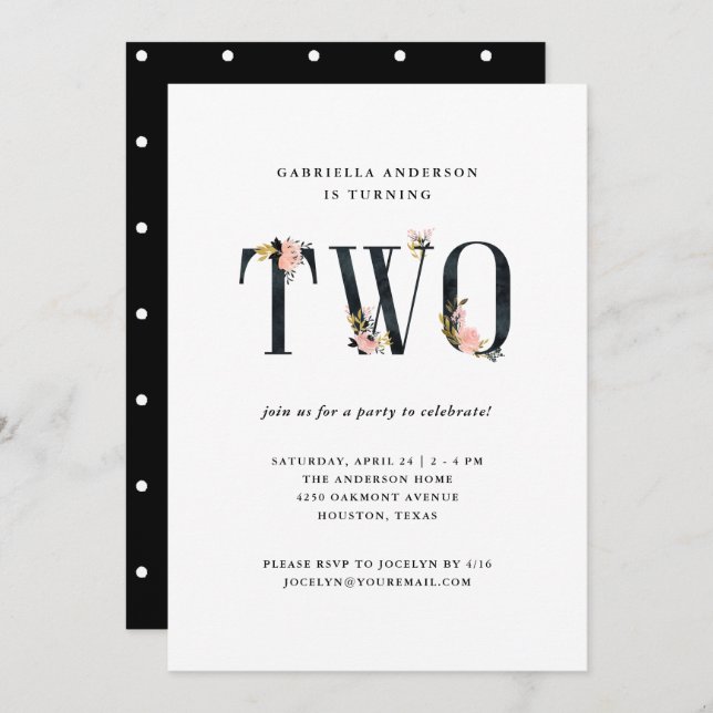 Pretty Black Floral Text | Second Birthday Party Invitation (Front/Back)