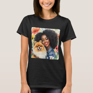 Pretty Black Girl With Pomeranian Dog Floral T-Shirt