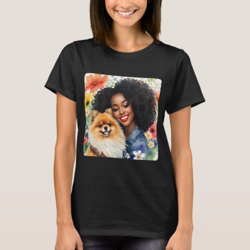 Pretty Black Girl With Pomeranian Dog Floral T_Shirt