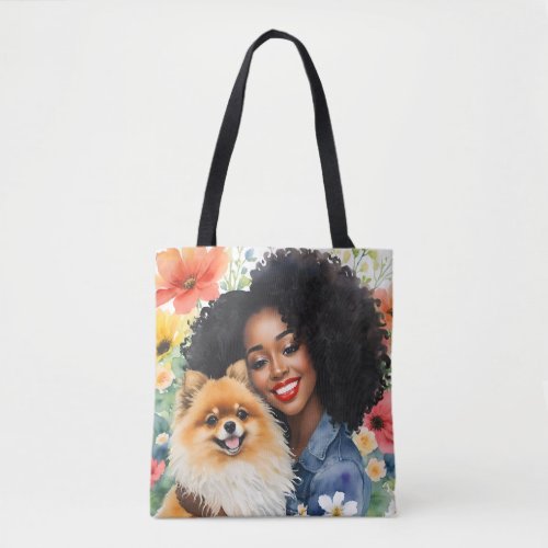 Pretty Black Girl With Pomeranian Floral Art Tote Bag
