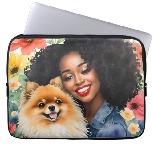 Pretty Black Girl With Pomeranian Pet Floral Laptop Sleeve