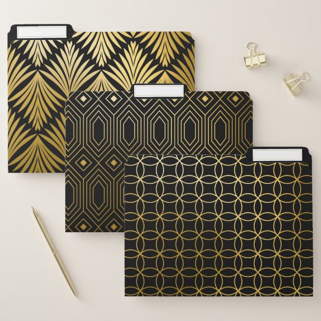 PRETTY BLACK & GOLD ART DECO PATTERNS FILE FOLDER (Set)