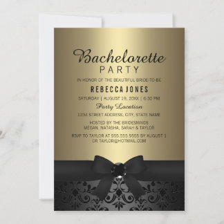 Pretty Black & Gold Bow Bachelorette Party Invite