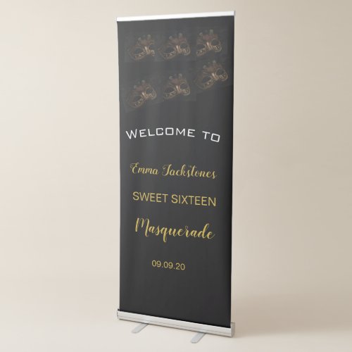 Pretty Black  Gold Masquerade Birthday Welcome   Retractable Banner