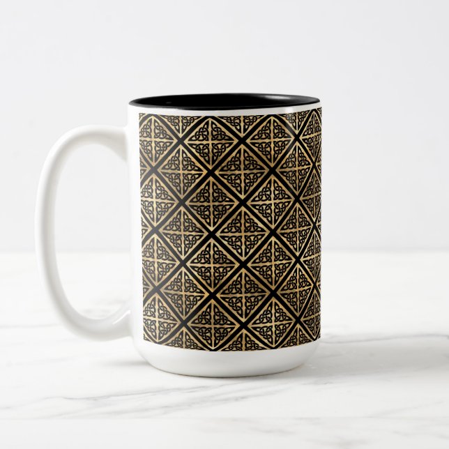 PRETTY BLACK & GOLD ROWS OF CELTIC KNOTS Two-Tone COFFEE MUG (Left)