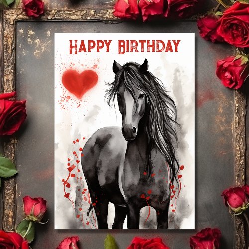 Pretty Black Horse and Hearts Happy Birthday Card