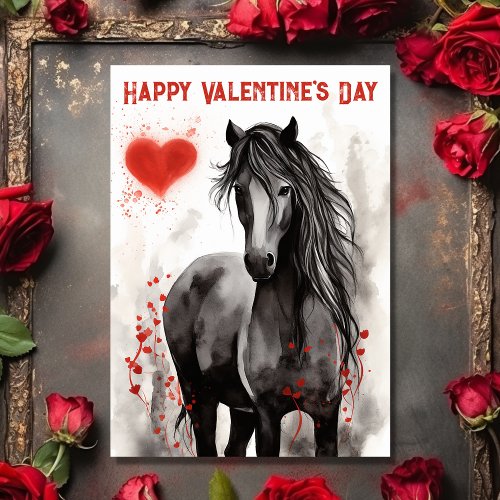 Pretty Black Horse and Hearts Valentines Day Holiday Card