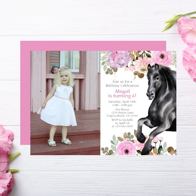 Pretty Black Horse and Pink Flowers Photo Birthday Invitation (Creator Uploaded)