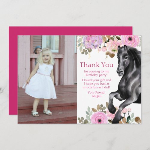 Pretty Black Horse and Pink Flowers Photo Birthday Thank You Card