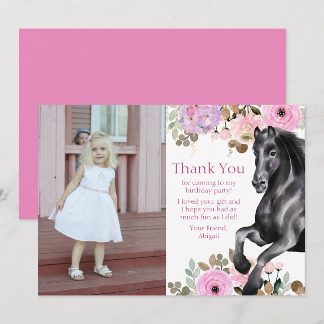 Pretty Black Horse and Pink Flowers Photo Birthday Thank You Card (Front/Back)