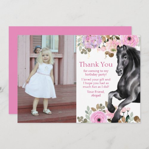Pretty Black Horse and Pink Flowers Photo Birthday Thank You Card