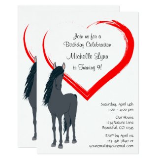 Pretty Black Horse and Red Heart Birthday Invite