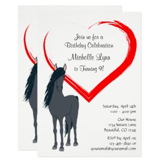 Pretty Black Horse and Red Heart Birthday Party Invitation
