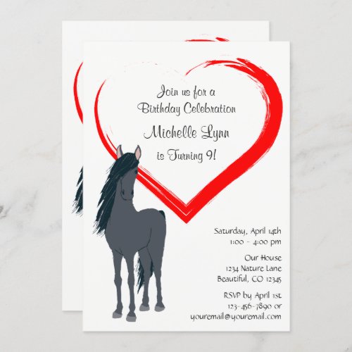 Pretty Black Horse and Red Heart Birthday Party Invitation