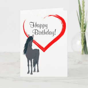Pretty Black Horse and Red Heart Happy Birthday Card