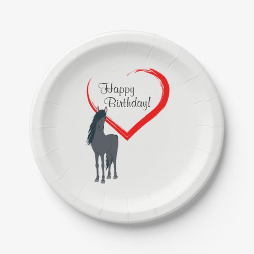 Pretty Black Horse and Red Heart Happy Birthday Paper Plates