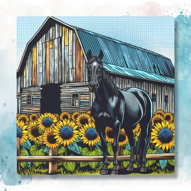 Pretty Black Horse and Rustic Barn with Sunflowers Metal Print (Creator Uploaded)