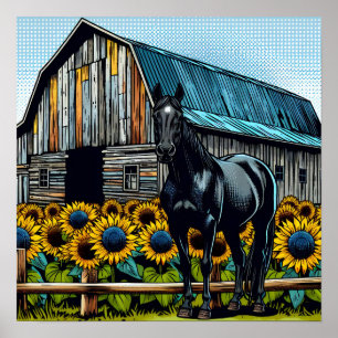 Pretty Black Horse and Rustic Barn with Sunflowers Poster