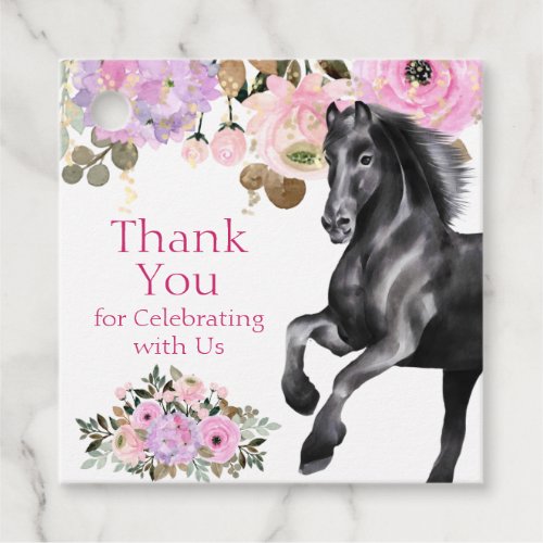 Pretty Black Horse with Pink Flowers Birthday Favor Tags