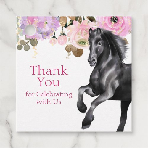 Pretty Black Horse with Pink Flowers Birthday Favor Tags