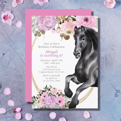 Pretty Black Horse with Pink Flowers Birthday Invitation