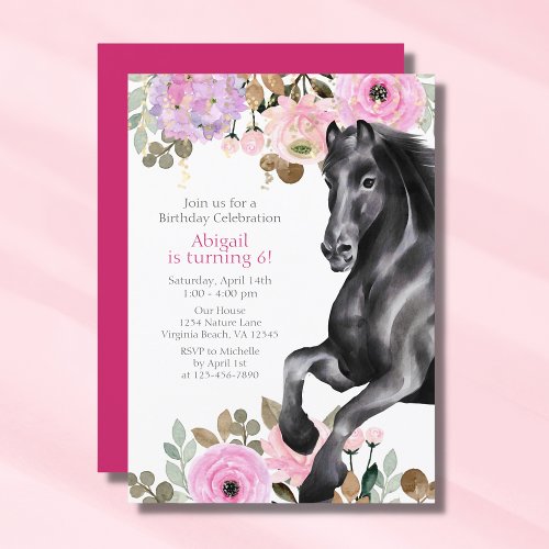 Pretty Black Horse with Pink Flowers Birthday Invitation