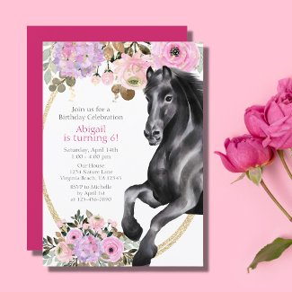 Pretty Black Horse with Pink Flowers Birthday