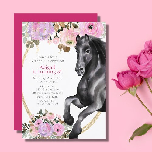 Pretty Black Horse with Pink Flowers Birthday Invitation