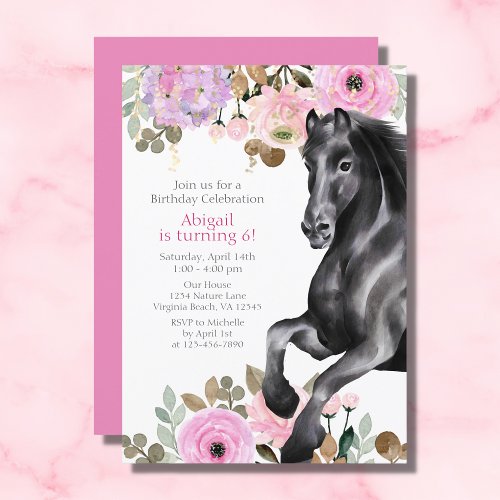 Pretty Black Horse with Pink Flowers Birthday Invitation