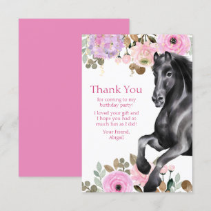Pretty Black Horse with Pink Flowers Birthday Thank You Card