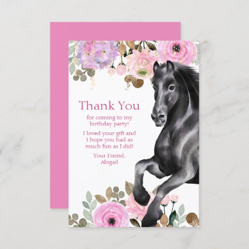 Pretty Black Horse with Pink Flowers Birthday Thank You Card