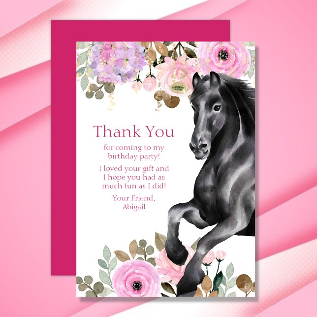 Pretty Black Horse with Pink Flowers Birthday Thank You Card (Creator Uploaded)