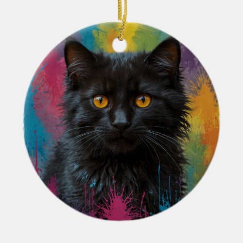 Pretty Black Kitty Artistic Portrait Ceramic Ornament