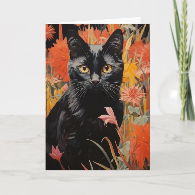 Pretty Black Kitty in Flowers Card (Front)