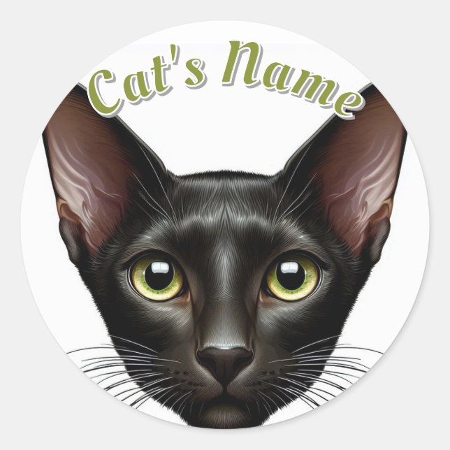 Pretty Black Oriental Shorthair Cat • Personalized Classic Round Sticker (Front)