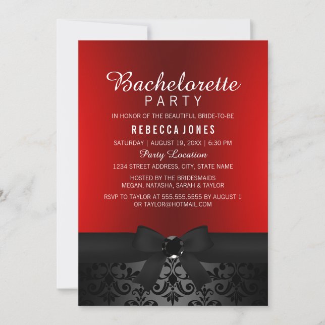 Pretty Black & Red Bow Bachelorette Party Invite (Front)