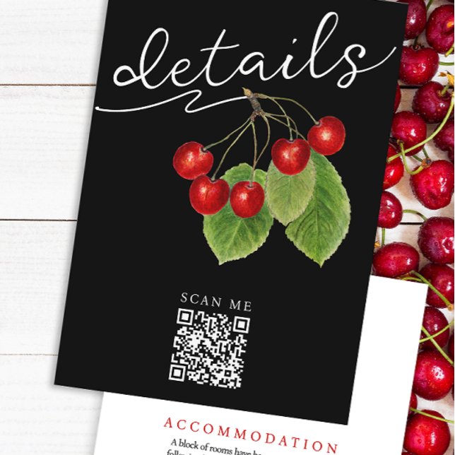 Pretty Black Red Cherries QR Code Wedding Details  Enclosure Card (Creator Uploaded)