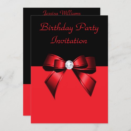 Pretty Black  Red Diamond Bow Birthday Invitation