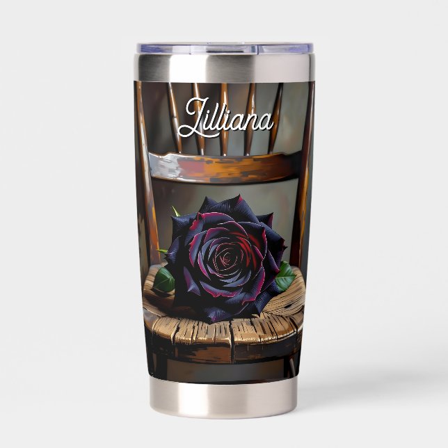 Pretty Black Rose on Rustic Chair Personalized Insulated Tumbler (Front)
