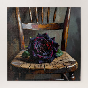Pretty Black Rose on Rustic Chair Valentine's Day Jigsaw Puzzle