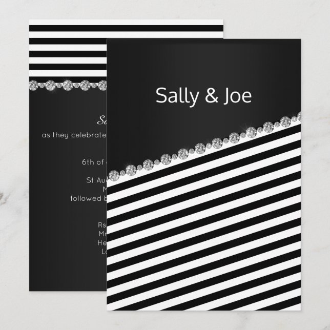Pretty BLACK STRIPE Diamond Wedding Gray Invitation (Front/Back)
