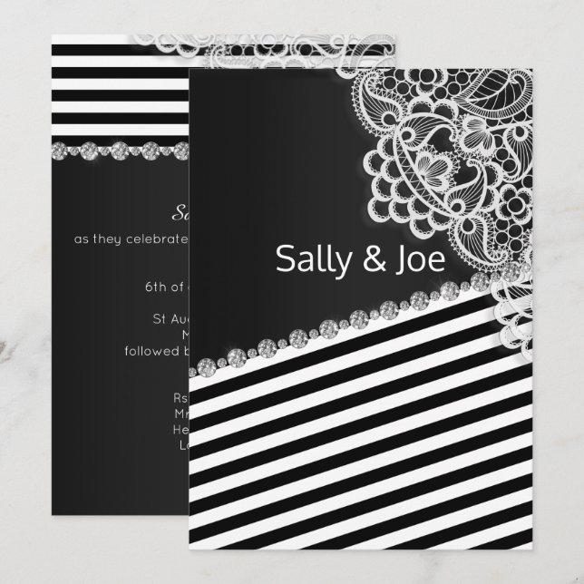 Pretty BLACK STRIPE  Lace Diamond Wedding Gray Invitation (Front/Back)