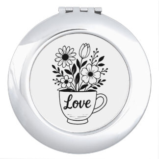 Pretty Black Tea Cup with Flowers Design Compact Mirror