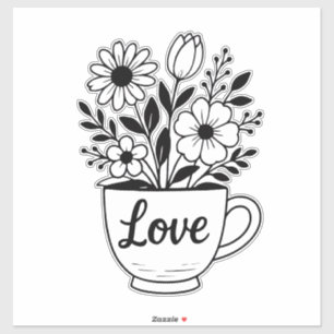 Pretty Black Tea Cup with Flowers Design Sticker
