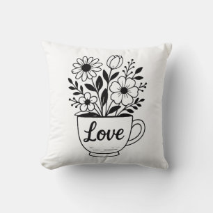 Pretty Black Tea Cup with Flowers Design Throw Pillow