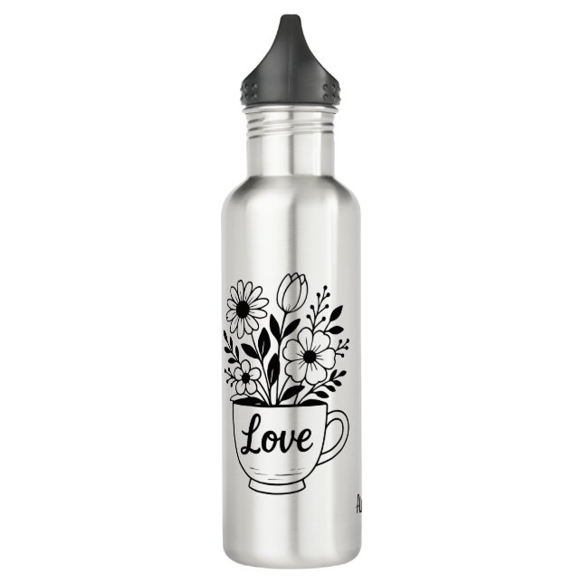 Pretty Black Tea Cup with Flowers Tumbler Stainless Steel Water Bottle (Left)
